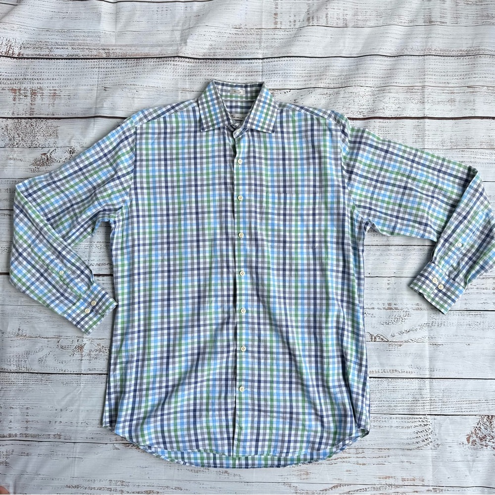 Peter Millar Shirt Men L Blue Green Check Gingham Button Down‎ Preppy Stretch